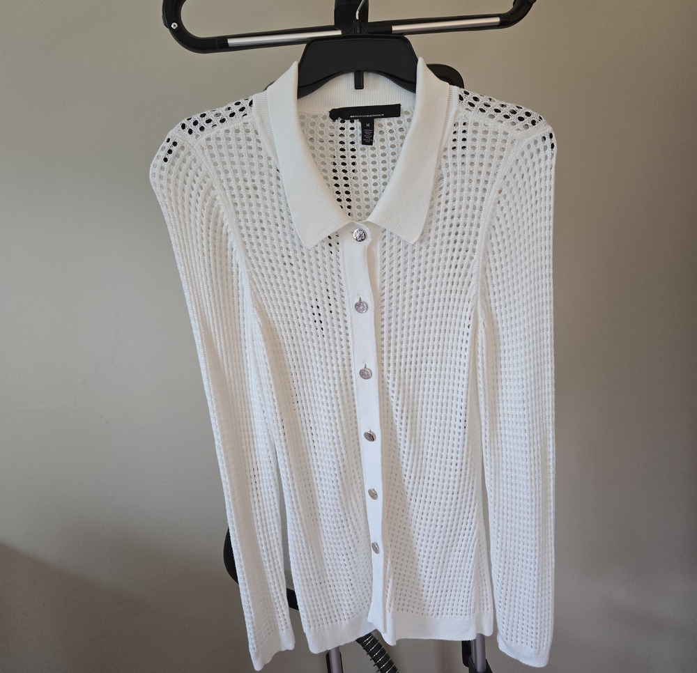 White House Black Market White Open-Weave Collared Button-Down Top